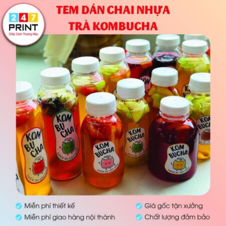 Tem dán chai nhựa trà Kom Bucha