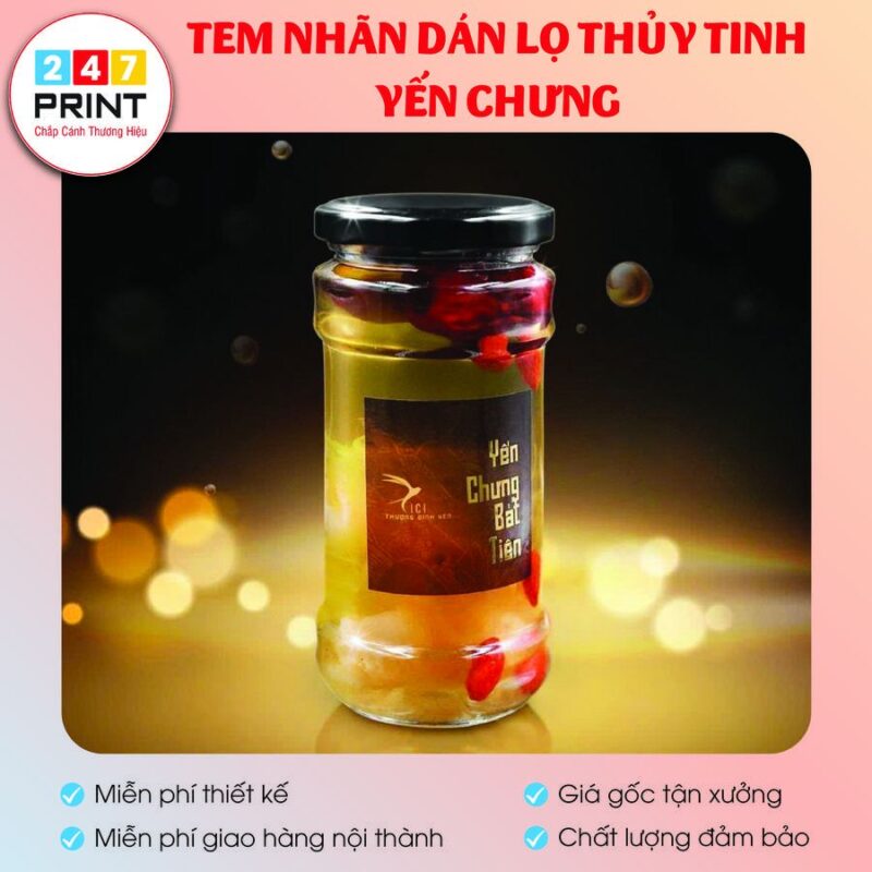 Tem dán lọ thủy tinh yến chưng